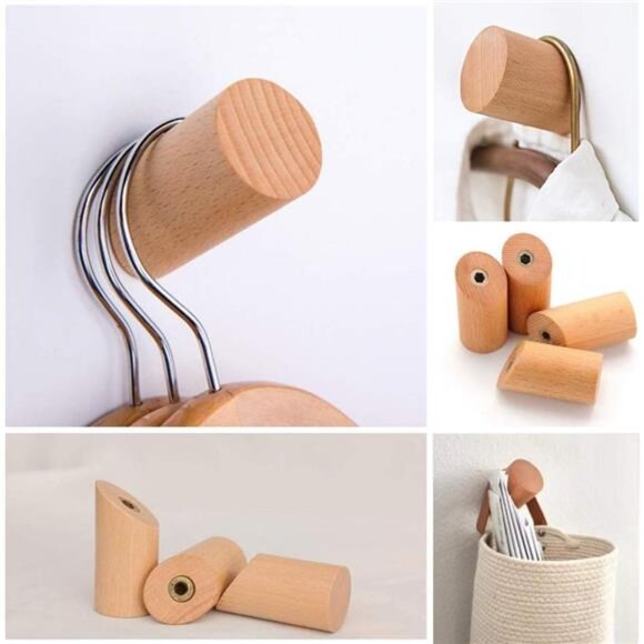 Wood Wall Hooks, 4 Pack Coat Hooks Mounted Rustic Wooden Heavy Duty Robe Hook - Picture 4 of 7